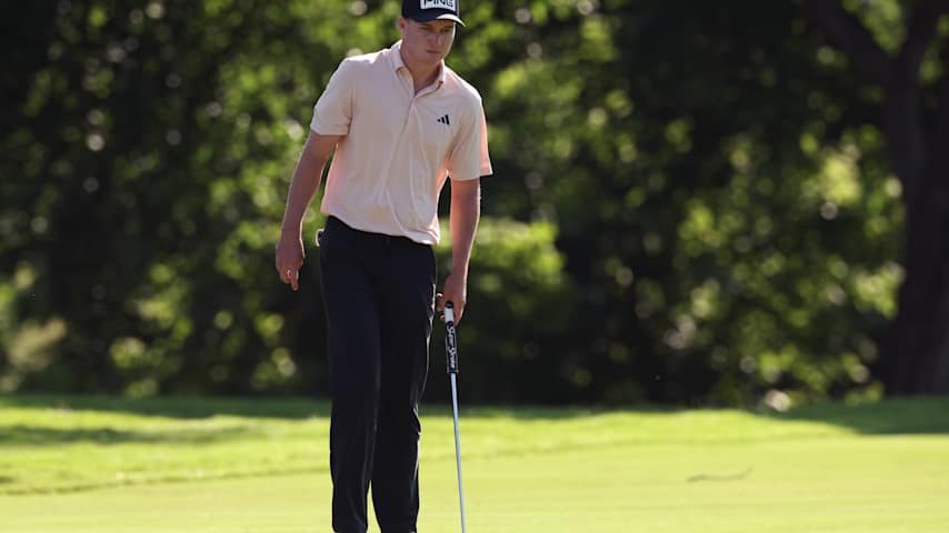 Matt McCarty of the United States lines up a putt on the fifth green during the second round of the Charles Schwab Challenge 2026 at Colonial Country Club on May 29, 2026 in Fort Worth, Texas. (Sam Hodde/Getty Images)