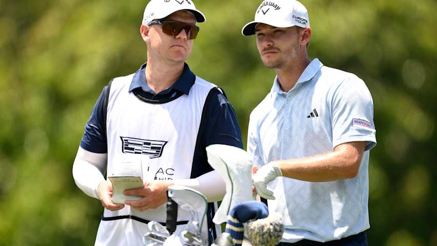 Nicolai HÃ¸jgaard of Denmark prepares for a shot with his caddie Christian Baech during the second round of the Cadillac Championship 2026 at Trump National Doral Miami on May 01, 2026 in Doral, Florida. (Orlando Ramirez/Getty Images)