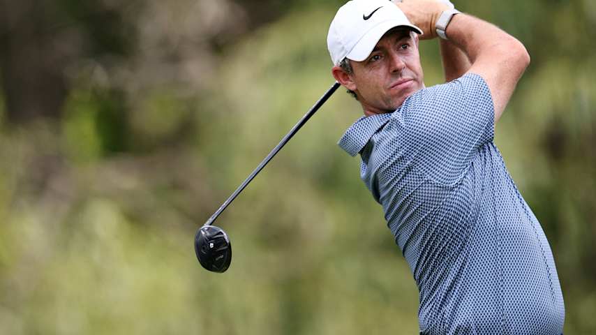 Rory McIlroy of Northern Ireland plays his shot from the ninth tee during the final round of the the Memorial Tournament presented by Workday 2026 at Muirfield Village Golf Club on June 07, 2026 in Dublin, Ohio. (Mike Mulholland/Getty Images)