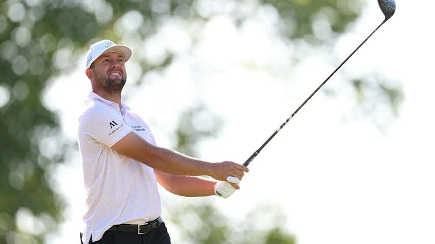 Taylor Montgomery plays his tee shot on the 11th hole during the second round of the UNC Health Championship at Raleigh Country Club on May 29, 2026 in Raleigh, North Carolina. (Jordan Bank/Getty Images)