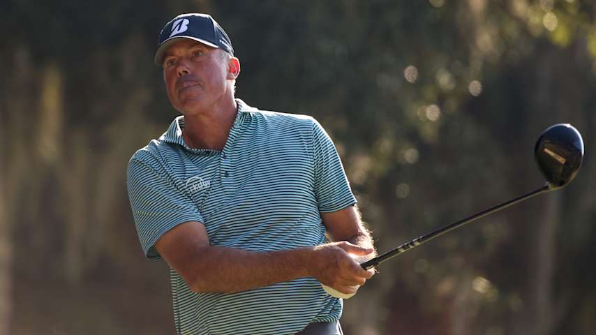 Matt Kuchar of the United States plays his shot from the fifth tee during the first round of The RSM Classic 2025 at Sea Island Resort Plantation Course on November 20, 2025 in St Simons Island, Georgia. (Mike Mulholland/Getty Images)
