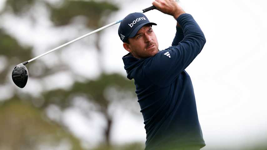 Nick Taylor of Canada plays his shot from the second tee during the third round of the AT&T Pebble Beach Pro-Am 2026 at Pebble Beach Golf Links on February 14, 2026 in Pebble Beach, California. (Jed Jacobsohn/Getty Images)