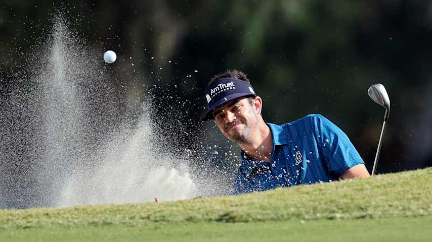 Beau Hossler of the United States plays a shot from a bunker on the ninth hole during the second round of The RSM Classic 2025 at Sea Island Resort Plantation Course on November 21, 2025 in St Simons Island, Georgia. (Mike Mulholland/Getty Images)
