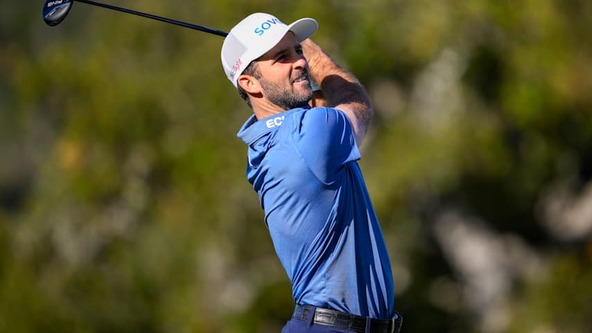 Denny McCarthy of the United States plays his shot from the first tee during the first round of the AT&T Pebble Beach Pro-Am 2026 at Pebble Beach Golf Links on February 12, 2026 in Pebble Beach, California. (Orlando Ramirez/Getty Images)