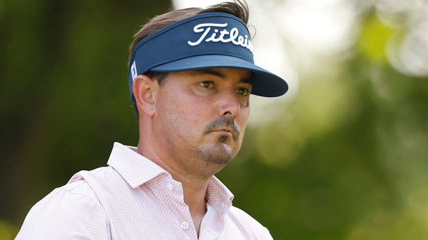 Hank Lebioda of the United States looks on prior to his shot on the eighth tee during the first round of the Simmons Bank Open for the Snedeker Foundation 2025 at Vanderbilt Legends Club on September 11, 2025 in Franklin, Tennessee. (Johnnie Izquierdo/Getty Images)