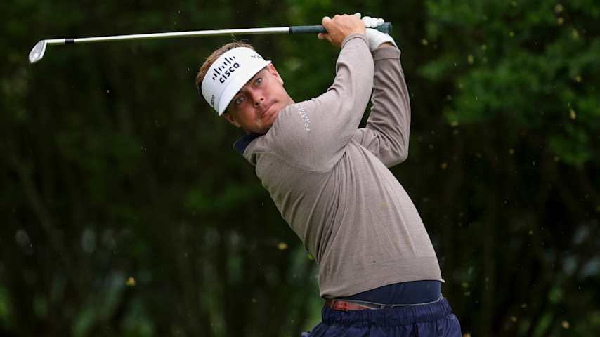 Keith Mitchell hits a tee shot on the third hole during the second round of the Truist Championship 2025 at The Wissahickon at Philadelphia Cricket Club on May 09, 2025 in Flourtown, Pennsylvania. (Andrew Redington/Getty Images)