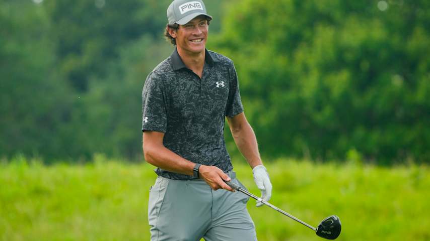 Christo Lamprecht of South Africa gets ready to hits his tee shot on the fourteenth hole during the third round of the Pinnacle Bank Championship presented by Woodhouse 2025 at The Club at Indian Creek on August 09, 2025 in Omaha, Nebraska. (Jay Biggerstaff/Getty Images)