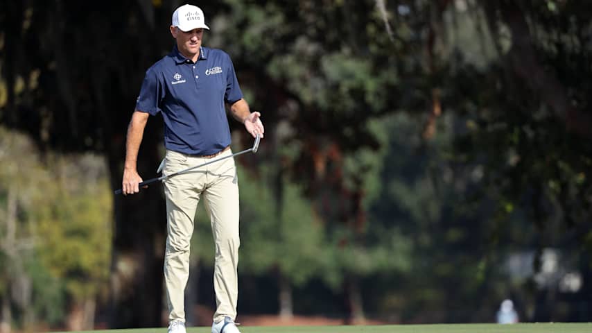 Brendon Todd of the United States lines up a putt on the first green during the second round of The RSM Classic 2025 at Sea Island Resort Plantation Course on November 21, 2025 in St Simons Island, Georgia. (Mike Mulholland/Getty Images)