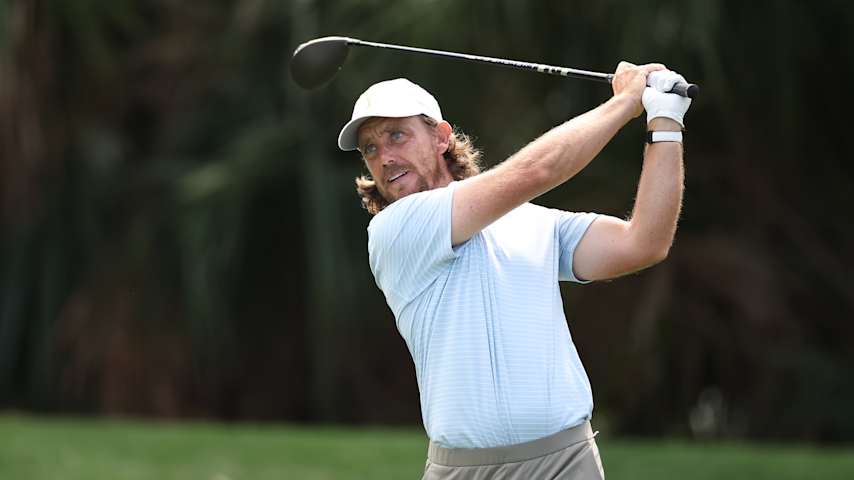 Tommy Fleetwood of England plays his shot from the seventh tee during the third round of THE PLAYERS Championship 2026 at THE PLAYERS Stadium course at TPC Sawgrass on March 14, 2026 in Ponte Vedra Beach, Florida. (James Gilbert/Getty Images)