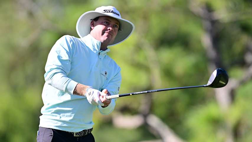 Joe Highsmith of the United States plays his shot from the sixth tee during the first round of the Valspar Championship 2026 at Copperhead Course at Innisbrook Resort and Golf Club on March 19, 2026 in Palm Harbor, Florida. (Julio Aguilar/Getty Images)