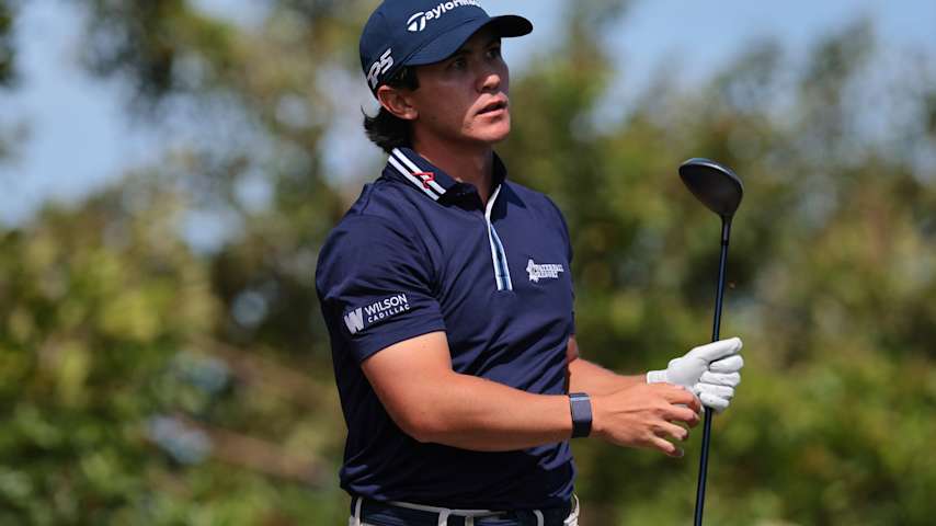 Davis Chatfield of the United States plays his shot from the seventh tee during the first round of the Valspar Championship 2026 at Copperhead Course at Innisbrook Resort and Golf Club on March 19, 2026 in Palm Harbor, Florida. (Sam Navarro/Getty Images)