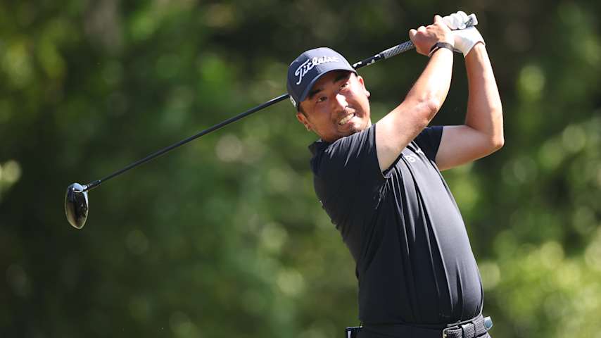Doug Ghim of the United States plays his shot from the ninth tee during the third round of the Valspar Championship 2026 at Copperhead Course at Innisbrook Resort and Golf Club on March 21, 2026 in Palm Harbor, Florida. (James Gilbert/Getty Images)