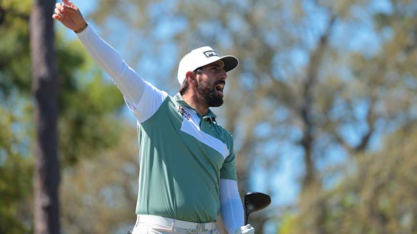 Matthieu Pavon of France follows his shot from the first tee during the final round of the Valspar Championship 2026 at Copperhead Course at Innisbrook Resort and Golf Club on March 22, 2026 in Palm Harbor, Florida. (Sam Navarro/Getty Images)