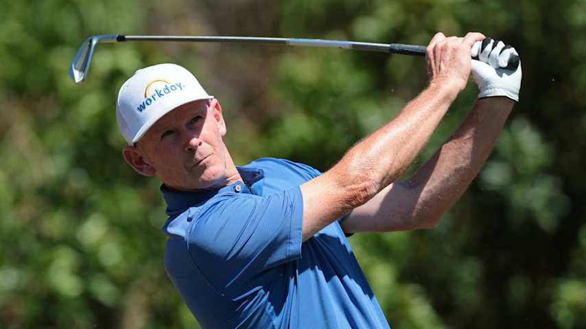 Brandt Snedeker of the United States plays his shot from the fourth tee during the final round of the Valspar Championship 2026 at Copperhead Course at Innisbrook Resort and Golf Club on March 22, 2026 in Palm Harbor, Florida. (Sam Navarro/Getty Images)