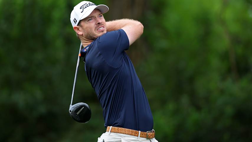 Bronson Burgoon of the United States plays a shot from the eighth tee during the first round of the Texas Children's Houston Open 2026 at Memorial Park Golf Course on March 26, 2026 in Houston, Texas. (Jordan Bank/Getty Images)
