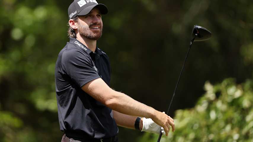 Patrick Rodgers of the United States plays a shot from the sixth tee during the first round of the Texas Children's Houston Open 2026 at Memorial Park Golf Course on March 26, 2026 in Houston, Texas. (Mike Mulholland/Getty Images)