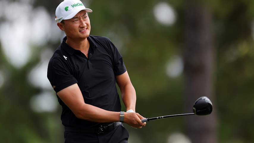 Haotong Li of the People's Republic of China plays a shot from the 14th tee during the second round of the Texas Children's Houston Open 2026 at Memorial Park Golf Course on March 27, 2026 in Houston, Texas. (Jordan Bank/Getty Images)