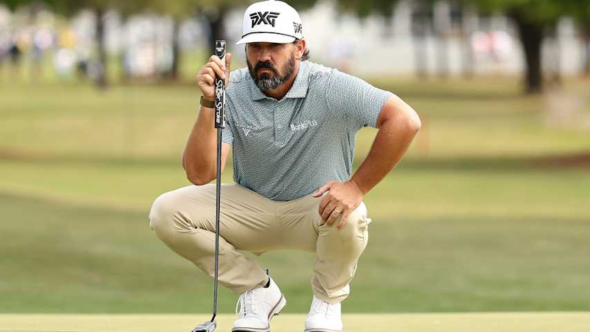 Chad Ramey of the United States lines up a putt on the first green during the third round of the Texas Children's Houston Open 2026 at Memorial Park Golf Course on March 28, 2026 in Houston, Texas. (Mike Mulholland/Getty Images)