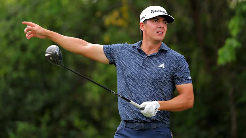 Michael Thorbjornsen of the United States reacts to a shot from the eighth tee during the final round of the Texas Children's Houston Open 2026 at Memorial Park Golf Course on March 29, 2026 in Houston, Texas. (Jordan Bank/Getty Images)
