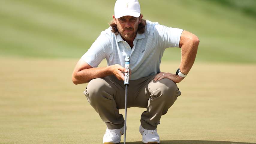 Tommy Fleetwood of England lines up a putt on the fifth green during the third round of THE PLAYERS Championship 2026 at THE PLAYERS Stadium course at TPC Sawgrass on March 14, 2026 in Ponte Vedra Beach, Florida. (James Gilbert/Getty Images)