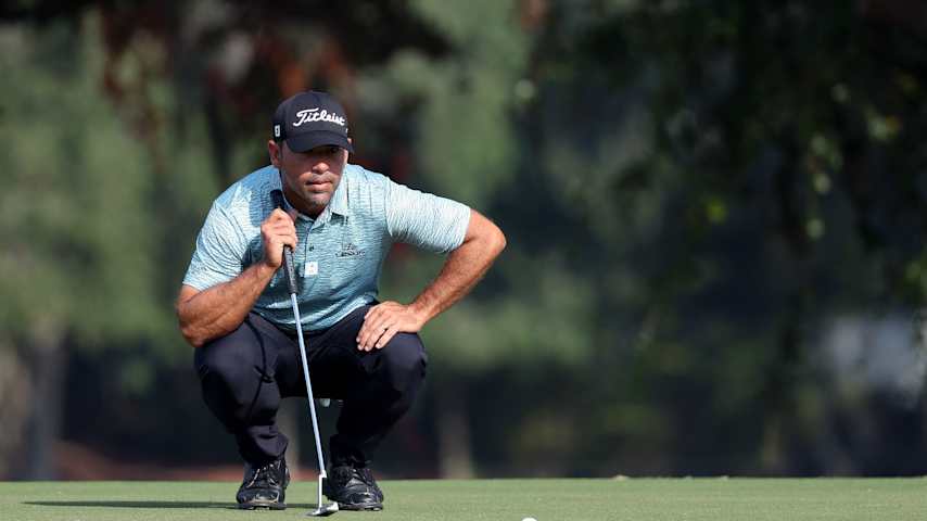Rafael Campos of Puerto Rico lines up a putt on the first green during the second round of The RSM Classic 2025 at Sea Island Resort Plantation Course on November 21, 2025 in St Simons Island, Georgia. (Mike Mulholland/Getty Images)