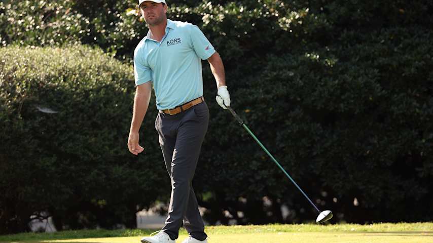 Austin Eckroat of the United States watches his shot from the second tee during the second round of The RSM Classic 2025 at Sea Island Resort Plantation Course on November 21, 2025 in St Simons Island, Georgia. (Mike Mulholland/Getty Images)