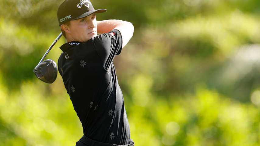 Blades Brown of the United States plays his shot from the fourth tee during the second round of The Bahamas Golf Classic at Atlantis Paradise Island 2026 at Ocean Club Golf Course on January 12, 2026 in Paradise Island, Bahamas. (Johnnie Izquierdo/Getty Images)
