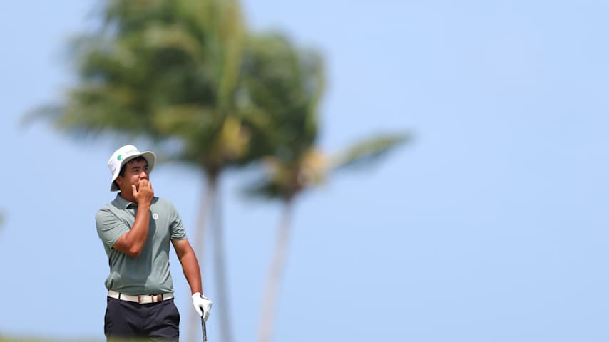 Zecheng Dou of China reacts to a shot on the fourth hole during the third round of the Puerto Rico Open 2026 at Grand Reserve Golf Club on March 07, 2026 in Rio Grande, Puerto Rico. (Jordan Bank/Getty Images)