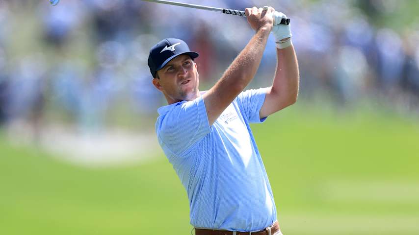 Steven Fisk of the United States hits his second shot on the 18th hole during the second round of THE PLAYERS Championship 2026 at THE PLAYERS Stadium course at TPC Sawgrass on March 13, 2026 in Ponte Vedra Beach, Florida. (David Cannon/Getty Images)
