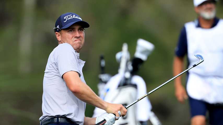 Justin Thomas of the United States hits his second shot on the 14th hole during the final round of THE PLAYERS Championship 2026 at THE PLAYERS Stadium course at TPC Sawgrass on March 15, 2026 in Ponte Vedra Beach, Florida. (David Cannon/Getty Images)