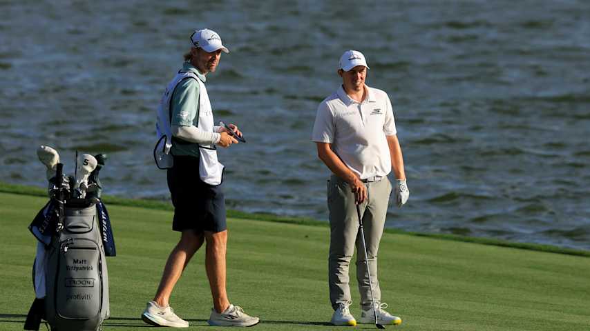 Matt Fitzpatrick of England lines up his third shot on the 18th hole during the final round of THE PLAYERS Championship 2026 at THE PLAYERS Stadium course at TPC Sawgrass on March 15, 2026 in Ponte Vedra Beach, Florida. (David Cannon/Getty Images)