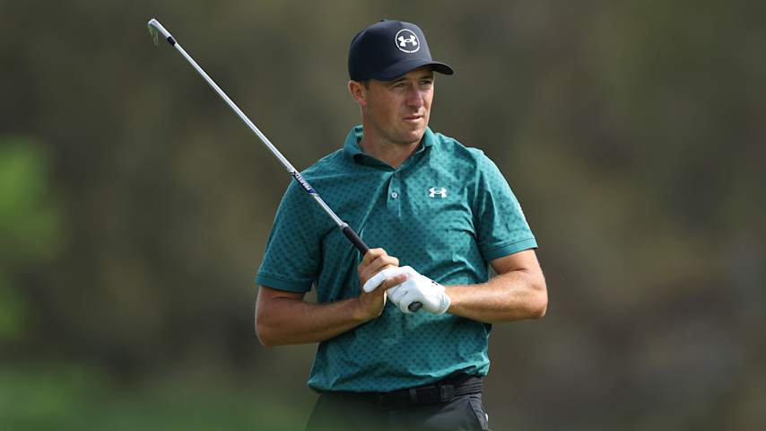 Jordan Spieth of the United States watches his shot on the 14th hole during the final round of THE PLAYERS Championship 2026 at THE PLAYERS Stadium course at TPC Sawgrass on March 15, 2026 in Ponte Vedra Beach, Florida. (Richard Heathcote/Getty Images)