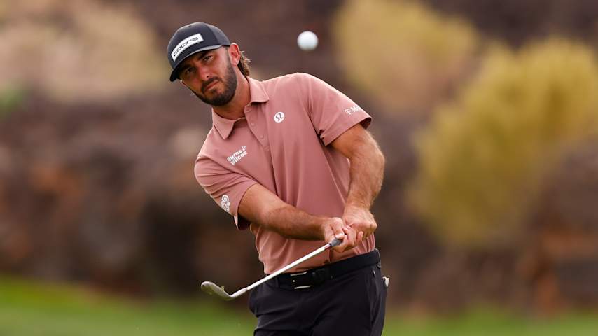 Max Homa of the United States chips on the seventh green during the third round of the Bank of Utah Championship 2025 at Black Desert Resort on October 25, 2025 in St George, Utah. (Justin Edmonds/Getty Images)