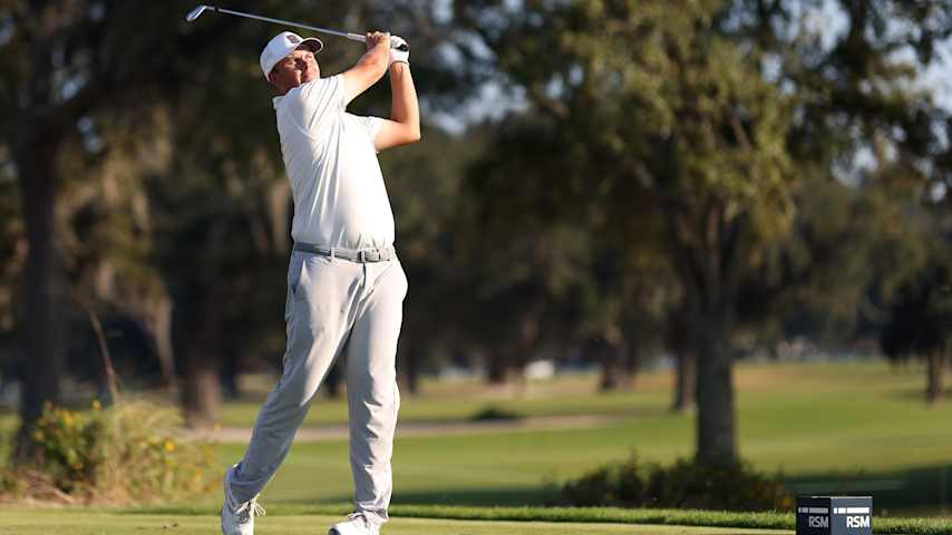Sami Valimaki of Finland plays his shot from the 17th tee during the final round of The RSM Classic 2025 at Sea Island Resort on November 23, 2025 in St Simons Island, Georgia. (Mike Mulholland/Getty Images)