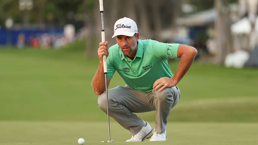 Webb Simpson of the United States lines up a putt on the tenth green during the second round of the Sony Open in Hawaii 2026 at Waialae Country Club on January 16, 2026 in Honolulu, Hawaii. (Mike Mulholland/Getty Images)