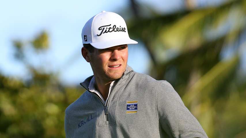 Michael Brennan of the United States reacts to his shot from the 11th tee during the second round of the Sony Open in Hawaii 2026 at Waialae Country Club on January 16, 2026 in Honolulu, Hawaii. (Mike Mulholland/Getty Images)