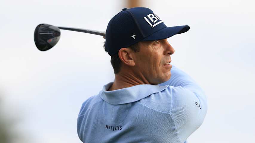 Billy Horschel of the United States plays his shot from the tenth tee during the first round of The American Express 2026 at the Nicklaus Tournament Course on January 22, 2026 in La Quinta, California. (Jed Jacobsohn/Getty Images)