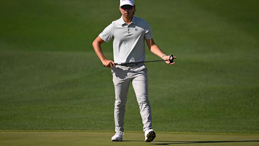 Min Woo Lee of Australia lines up a putt on the fifth green during the second round of The American Express 2026 at Pete Dye Stadium Course on January 23, 2026 in La Quinta, California. (Orlando Ramirez/Getty Images)