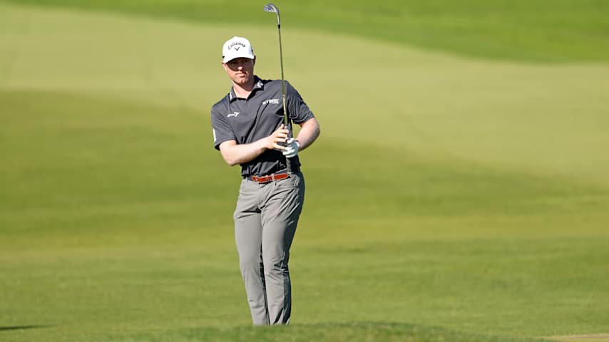 Max Greyserman of the United States watches his shot on the 18th green during the first round of the Farmers Insurance Open 2026 at Torrey Pines North Course on January 29, 2026 in La Jolla, California. (Stacy Revere/Getty Images)