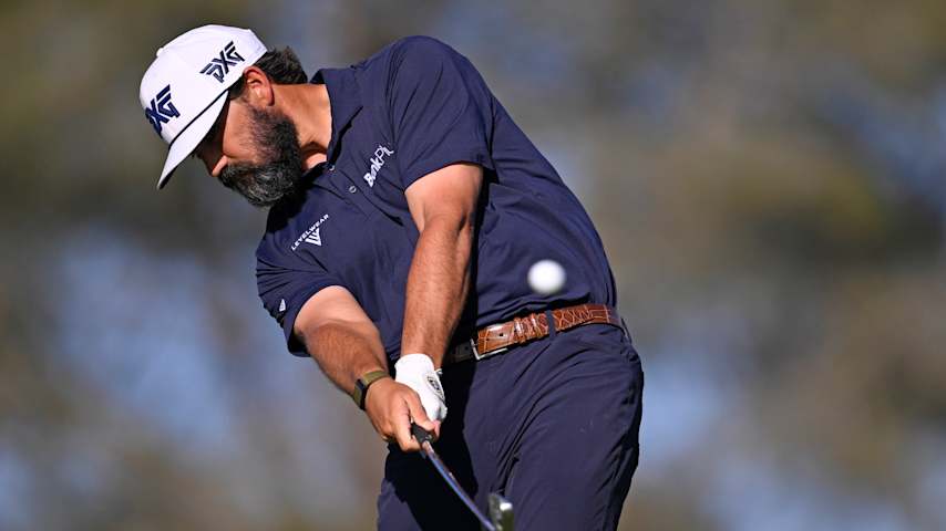 Chad Ramey of the United States  plays his shot from the eighth tee during the second round of the Farmers Insurance Open 2026 at Torrey Pines North Course on January 30, 2026 in La Jolla, California. (Orlando Ramirez/Getty Images)