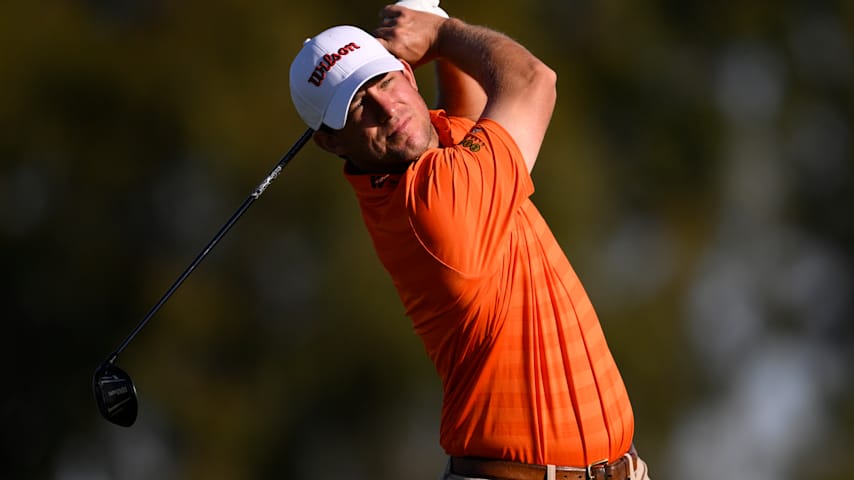 Zach Bauchou of the United States plays his shot from the second tee during the third round of the Farmers Insurance Open 2026 at Torrey Pines South Course on January 31, 2026 in La Jolla, California. (Orlando Ramirez/Getty Images)