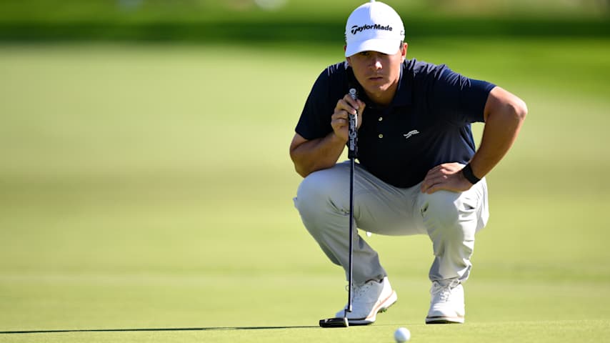 Karl VIlips of Australia lines up a putt on the first green during the third round of the Farmers Insurance Open 2026 at Torrey Pines South Course on January 31, 2026 in La Jolla, California. (Orlando Ramirez/Getty Images)