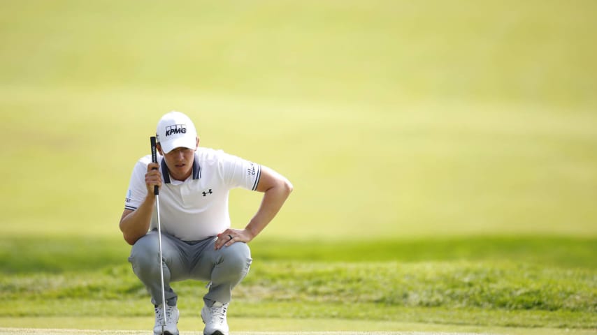 BLAINE, MINNESOTA - JULY 28: Maverick McNealy of the United States lines up a putt on the 15th green during the final round of the 3M Open at TPC Twin Cities on July 28, 2024 in Blaine, Minnesota. (Photo by Mike Ehrmann/Getty Images)