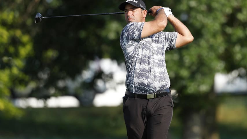 BLAINE, MINNESOTA - JULY 25: Rafael Campos of Puerto Rico plays his shot from the 10th tee during the first round of the 3M Open at TPC Twin Cities on July 25, 2024 in Blaine, Minnesota. (Photo by David Berding/Getty Images)