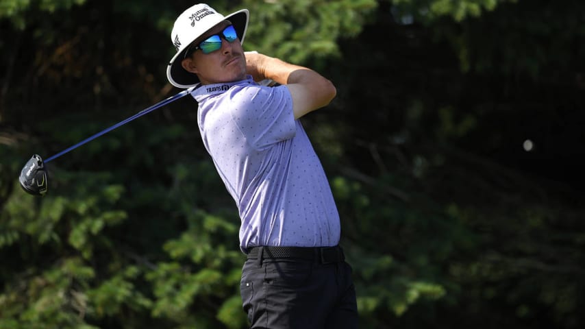 BLAINE, MINNESOTA - JULY 25: Joel Dahmen of the United States plays his shot from the second tee during the first round of the 3M Open at TPC Twin Cities on July 25, 2024 in Blaine, Minnesota. (Photo by Mike Ehrmann/Getty Images)