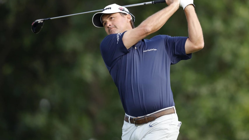 BLAINE, MINNESOTA - JULY 26: Kevin Kisner of the United States plays his shot from the 10th tee during the second round of the 3M Open at TPC Twin Cities on July 26, 2024 in Blaine, Minnesota. (Photo by David Berding/Getty Images)