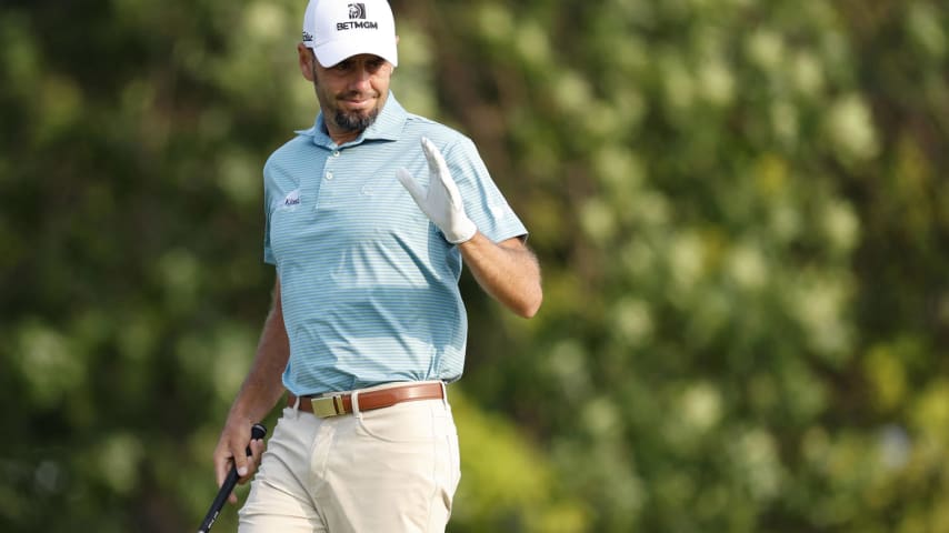 BLAINE, MINNESOTA - JULY 26: Troy Merritt of the United States acknowledges the fans the 10th tee during the second round of the 3M Open at TPC Twin Cities on July 26, 2024 in Blaine, Minnesota. (Photo by David Berding/Getty Images)