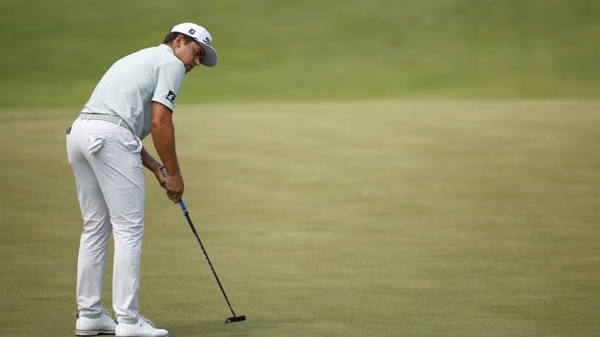 BLAINE, MINNESOTA - JULY 26: Garrick Higgo of South Africa putts on the ninth green during the second round of the 3M Open at TPC Twin Cities on July 26, 2024 in Blaine, Minnesota. (Photo by Mike Ehrmann/Getty Images)