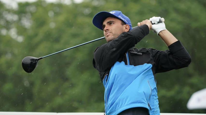 KANSAS CITY, MISSOURI - MAY 22:  Ryan McCormick tees off on the first hole during the third round of the AdventHealth Championship at Blue Hills Country Club on May 22, 2021 in Kansas City, Missouri. (Photo by Ed Zurga/Getty Images)