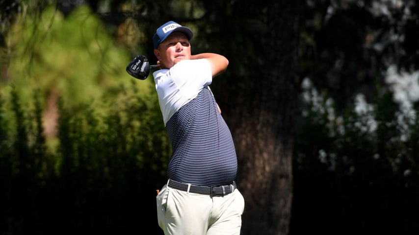 BOISE, IDAHO - AUGUST 21: MJ Daffue of South Africa hits his tee shot on the second hole during the final round of the Albertsons Boise Open presented by Chevron at Hillcrest Country Club on August 21, 2022 in Boise, Idaho. (Photo by Steve Dykes/Getty Images)